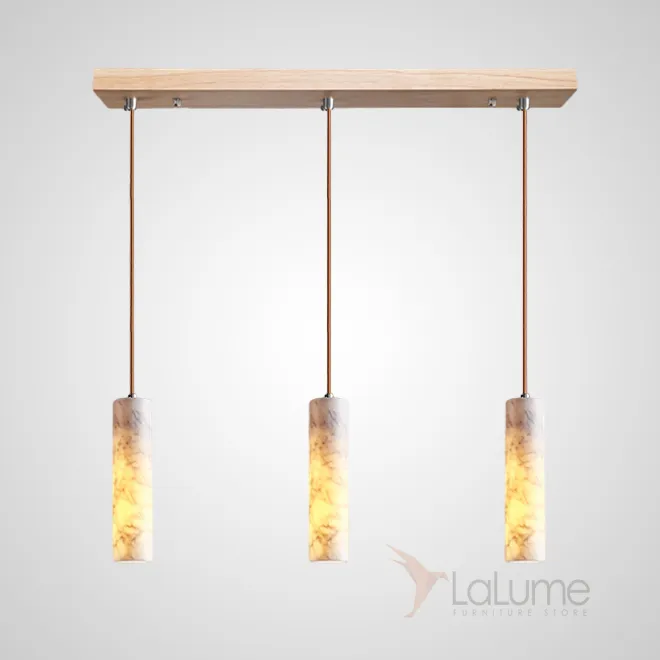 Готовая комбинация подвесных светильников с цилиндрическим корпусом из белого мрамора и деревянным креплением REOR COMBO A L3 Планка