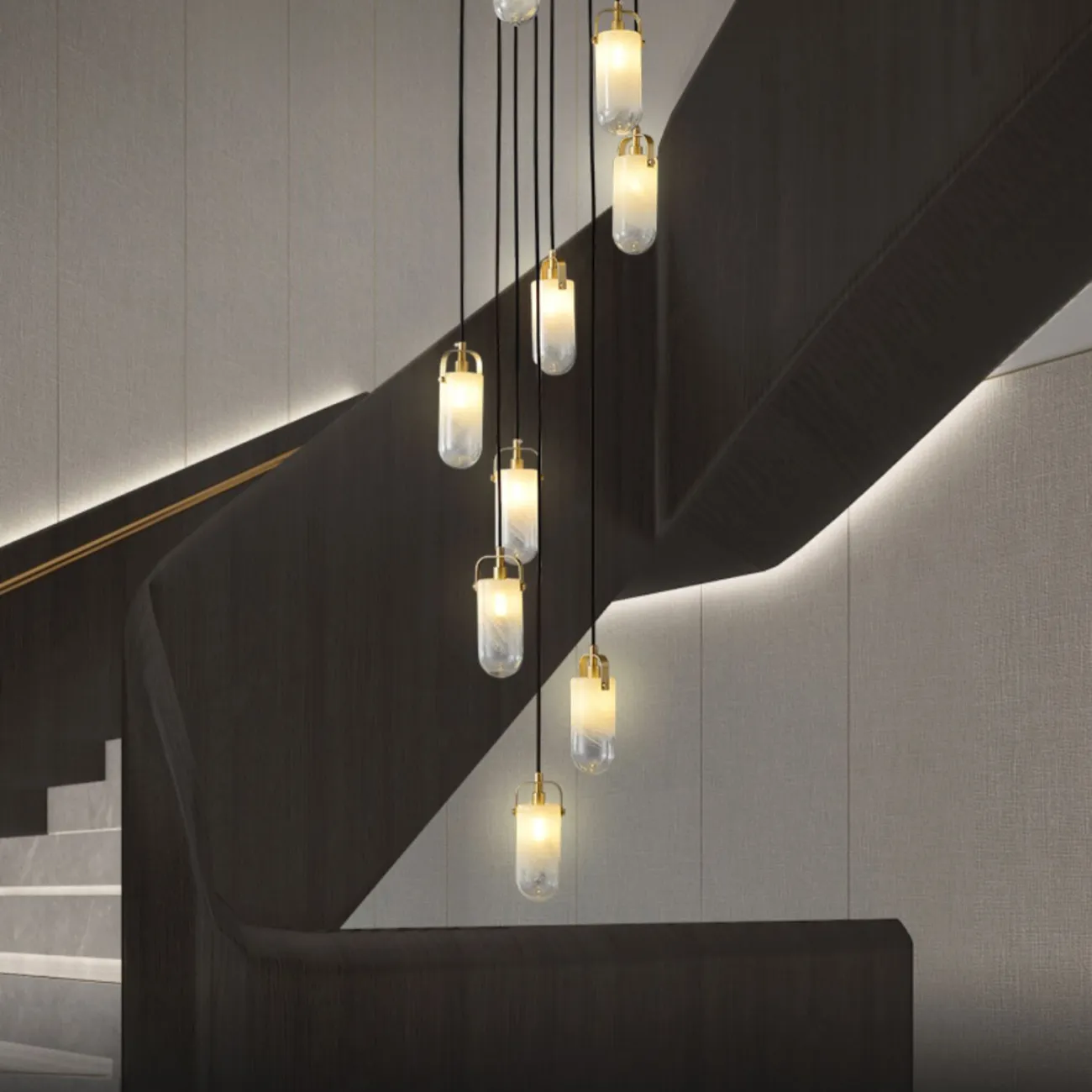 Готовая комбинация подвесных светильников c цилиндрическими плафонами из белого стекла с эффектом льда LIESEL MORE