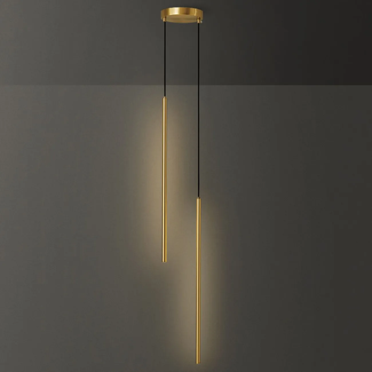 Готовая комбинация подвесных светильников подвесных светильников с прямоугольными LED-панелями на двух вытянутых цилиндрических плафонах LYNNE B DUO Brass