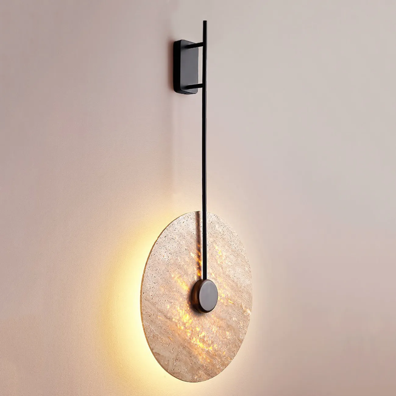 Настенный светодиодный светильник с плоским дисковидным рассеивателем с каменной текстурой и деревянным центром JOAR D30 Black