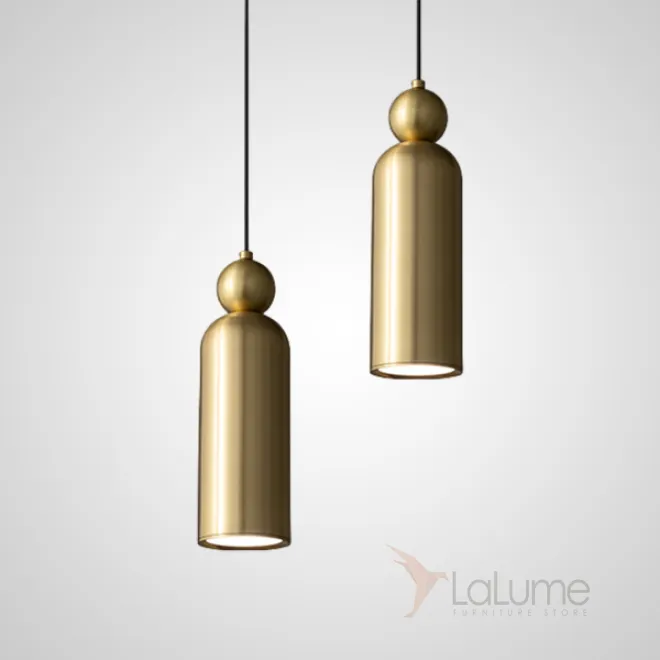 Парная комбинация подвесных светодиодных светильников с цилиндрическим корпусом и шарообразным клипом из натуральной и черненой латуни LEFFE DUO Brass