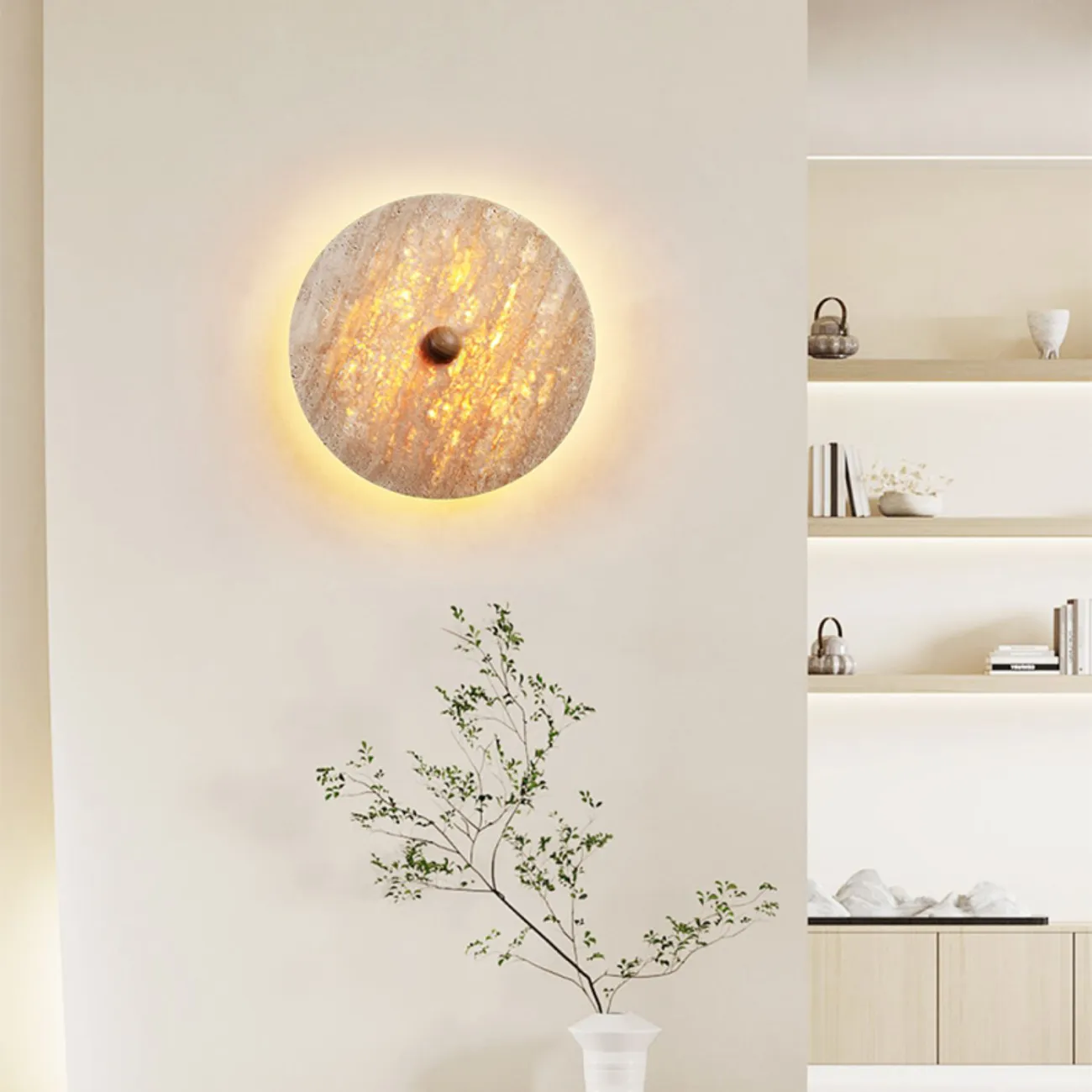 Настенный светодиодный светильник с плоским дисковидным рассеивателем с каменной текстурой и деревянным центром JOAR B D50