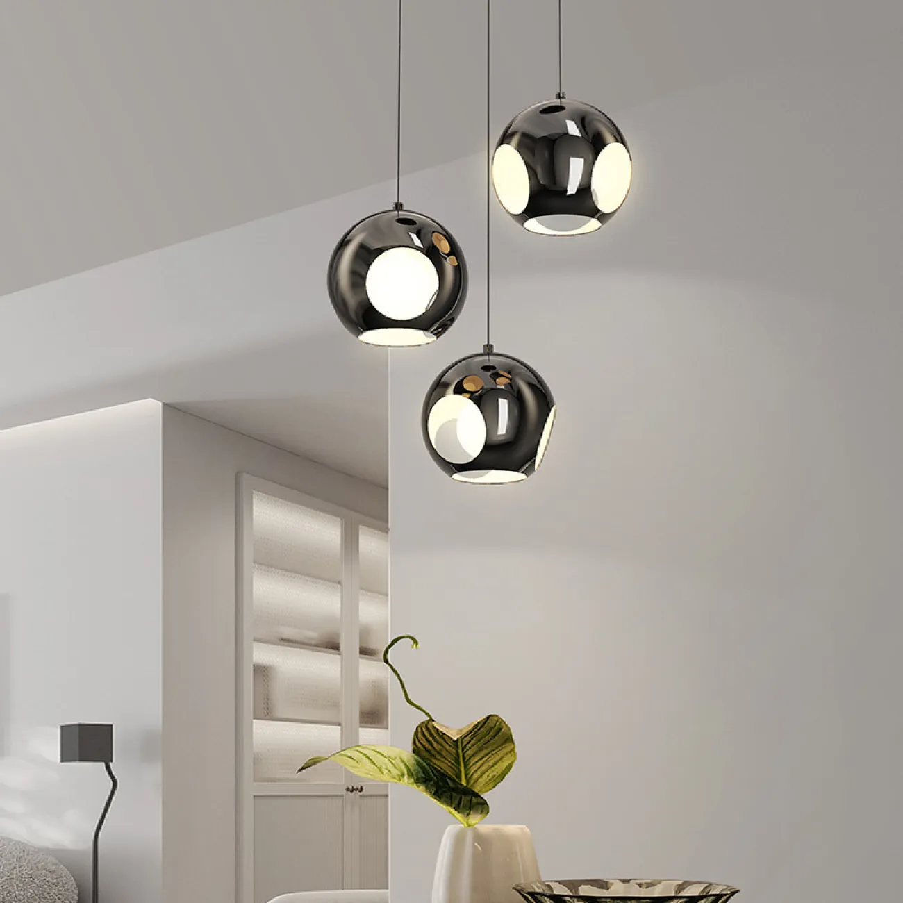 Готовая комбинация подвесных светодиодных светильников c черными шарообразными рассеивателями с круглыми отверстиями MATEAS TRIO D33