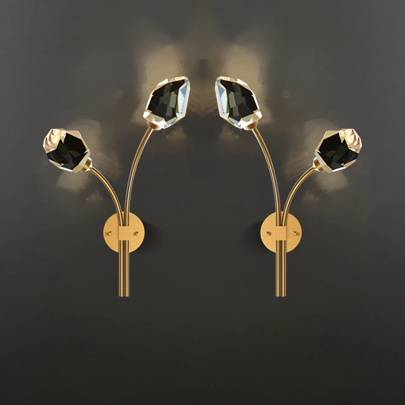 Серия настенных светодиодных светильников с хрустальными рассеивателями в форме кристаллов на изогнутых рожках CRISTEL C WALL L38 Right Brass Серия настенных светодиодных светильников с хрустальными рассеивателями в форме кристаллов на изогнутых рожках CRISTEL C WALL L38 Right Brass