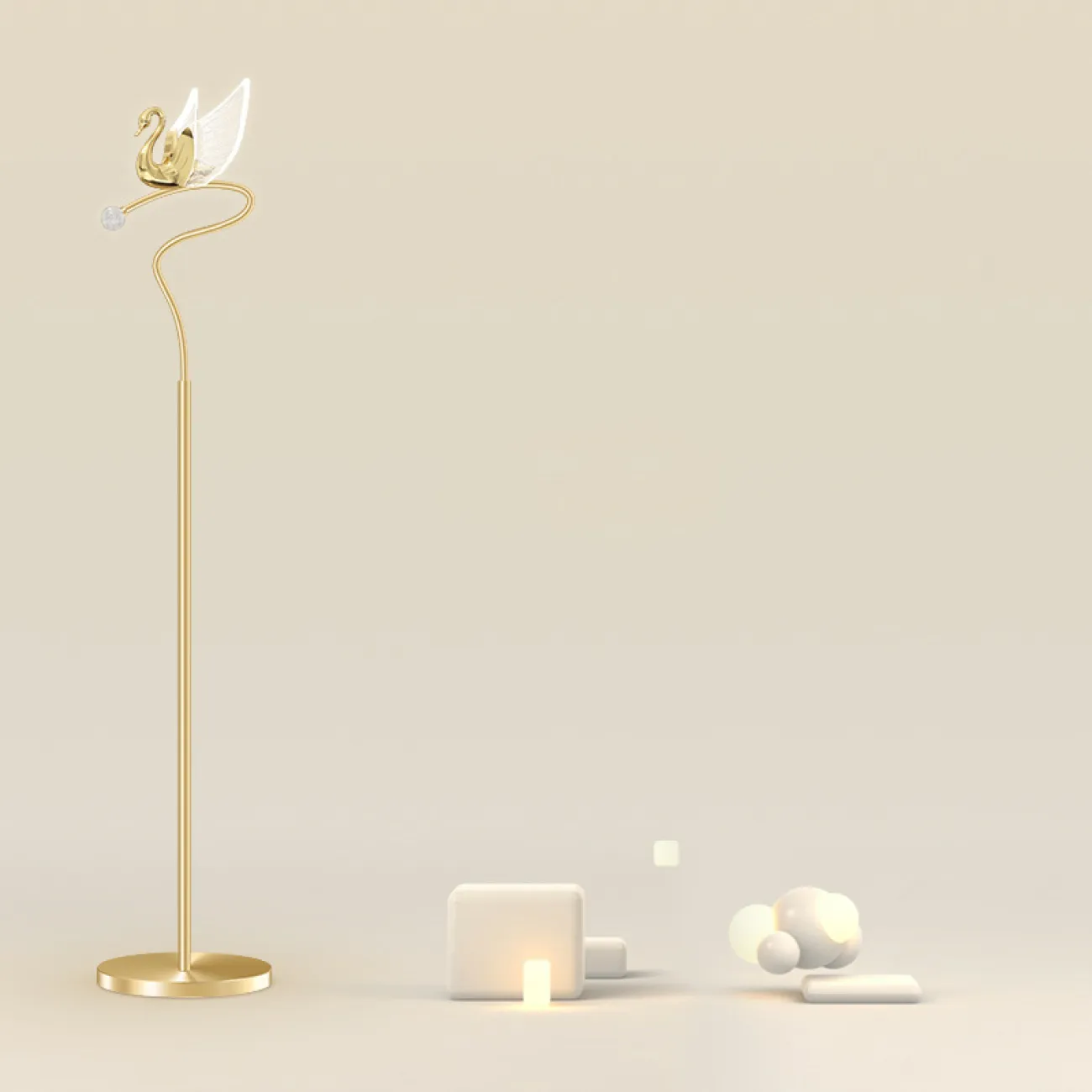 Светодиодный торшер с плафоном в форме лебедя со светящимися крыльями на изогнутой стойке с блестящим шаром BIRDIE FL Brass