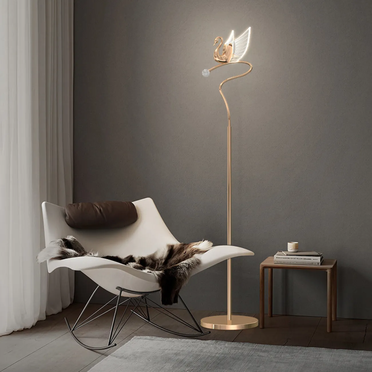 Светодиодный торшер с плафоном в форме лебедя со светящимися крыльями на изогнутой стойке с блестящим шаром BIRDIE FL Brass
