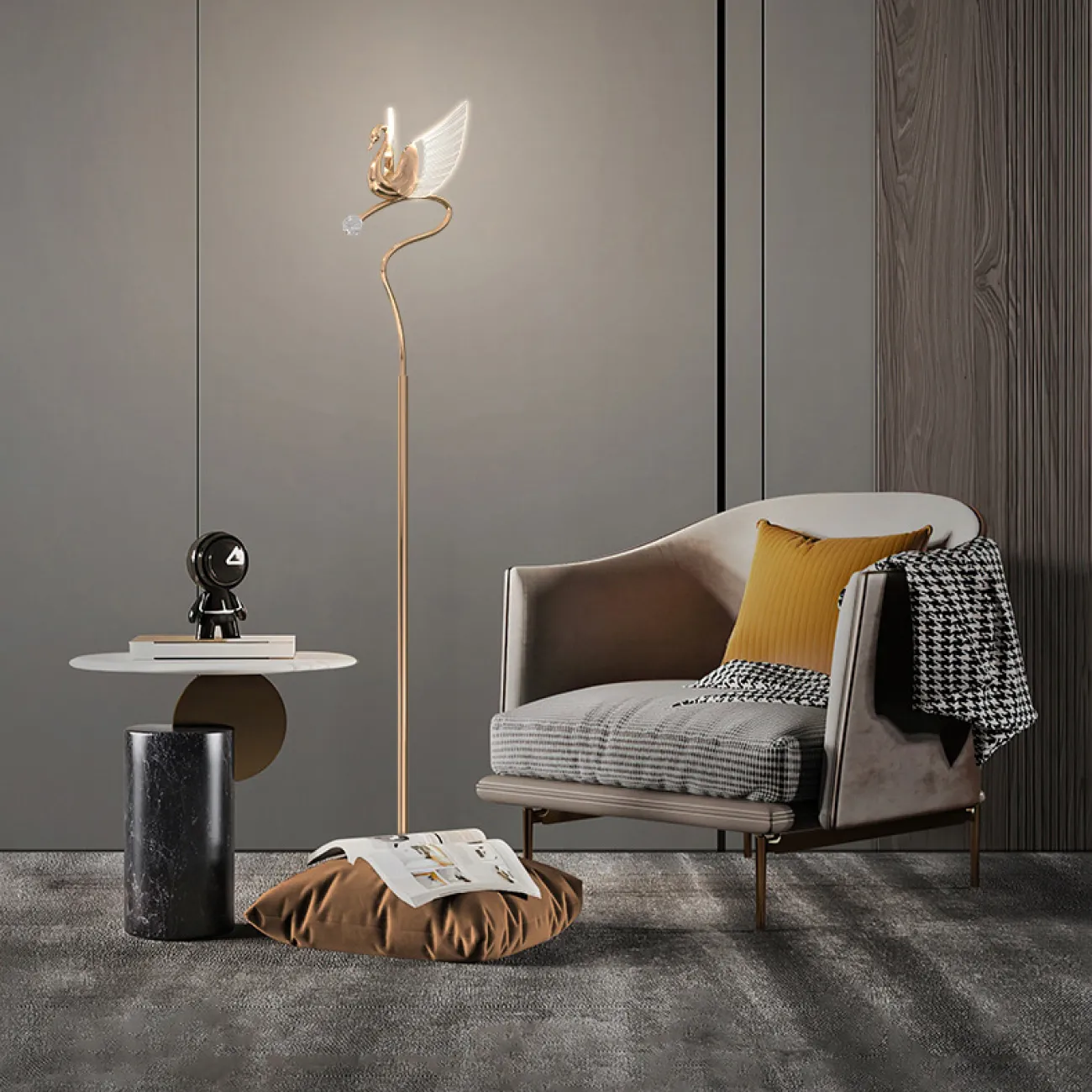 Светодиодный торшер с плафоном в форме лебедя со светящимися крыльями на изогнутой стойке с блестящим шаром BIRDIE FL Brass