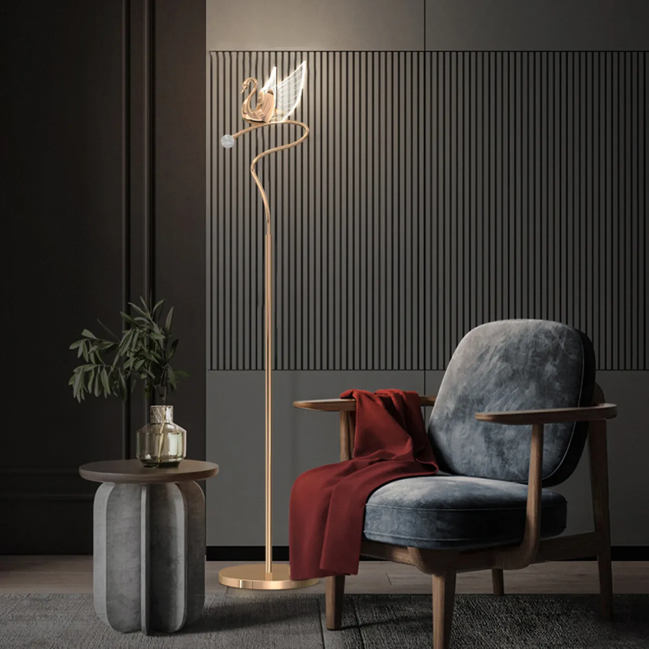 Светодиодный торшер с плафоном в форме лебедя со светящимися крыльями на изогнутой стойке с блестящим шаром BIRDIE FL Brass