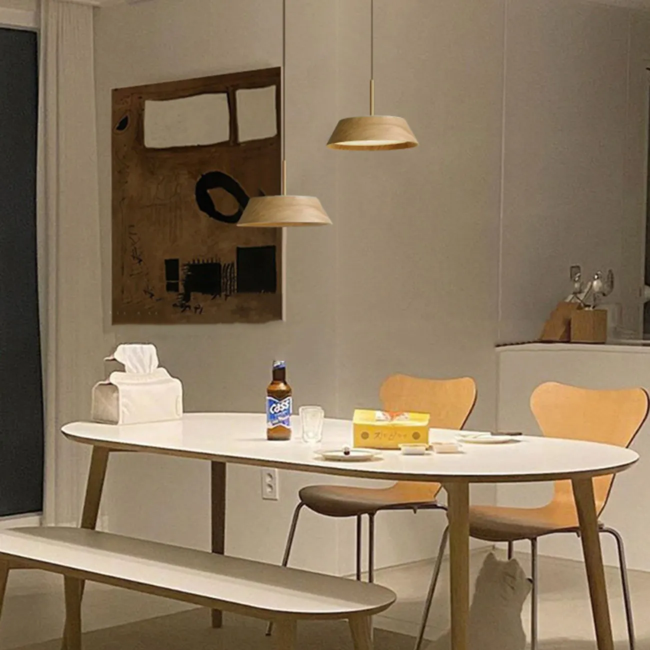 Готовая комбинация подвесных светодиодных светильников с трапециевидным корпусом из темного и светлого дерева BENONI B COMBO L58 Walnut