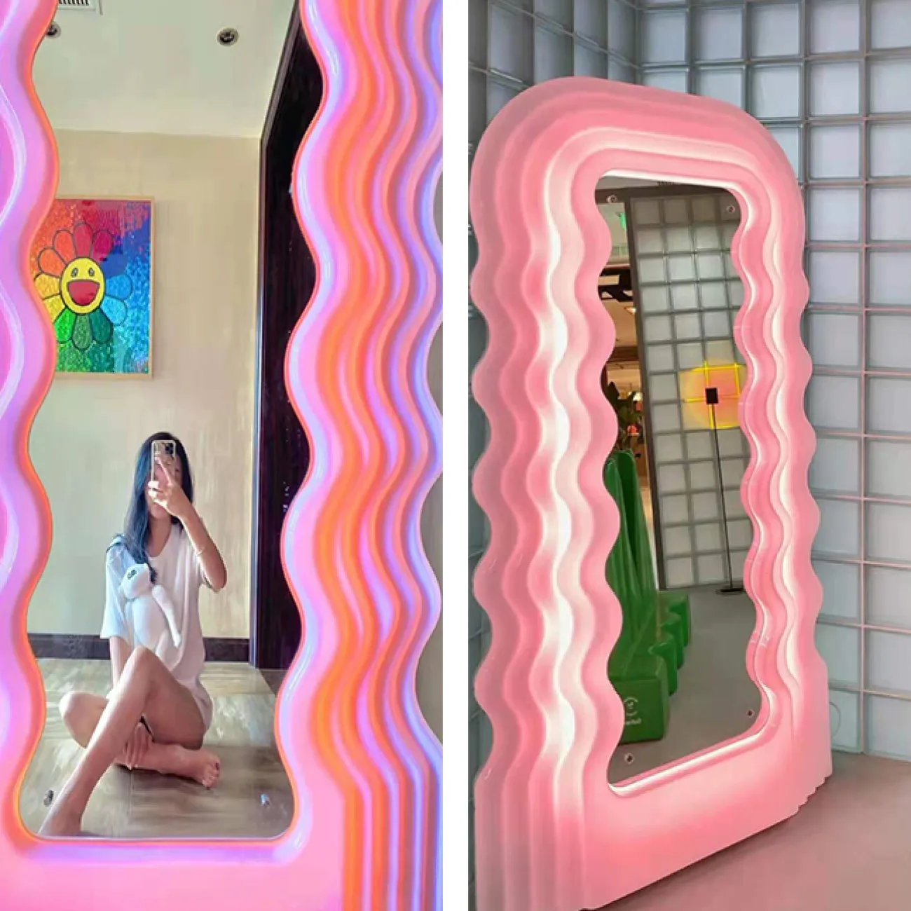 Креативный напольный светильник в виде зеркала со светящейся волнообразной рамой TEMME Семицветный свет