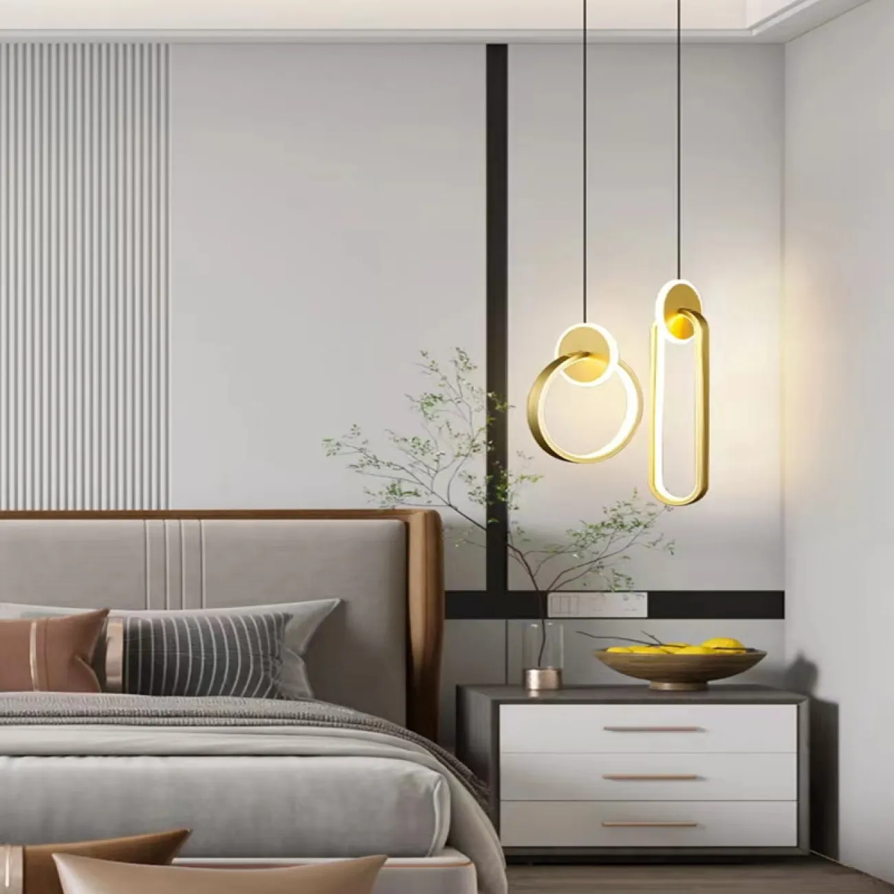 Готовая комбинация подвесных светодиодных светильников в виде композиции из светящихся колец и дисков RANDALL DUO Brass