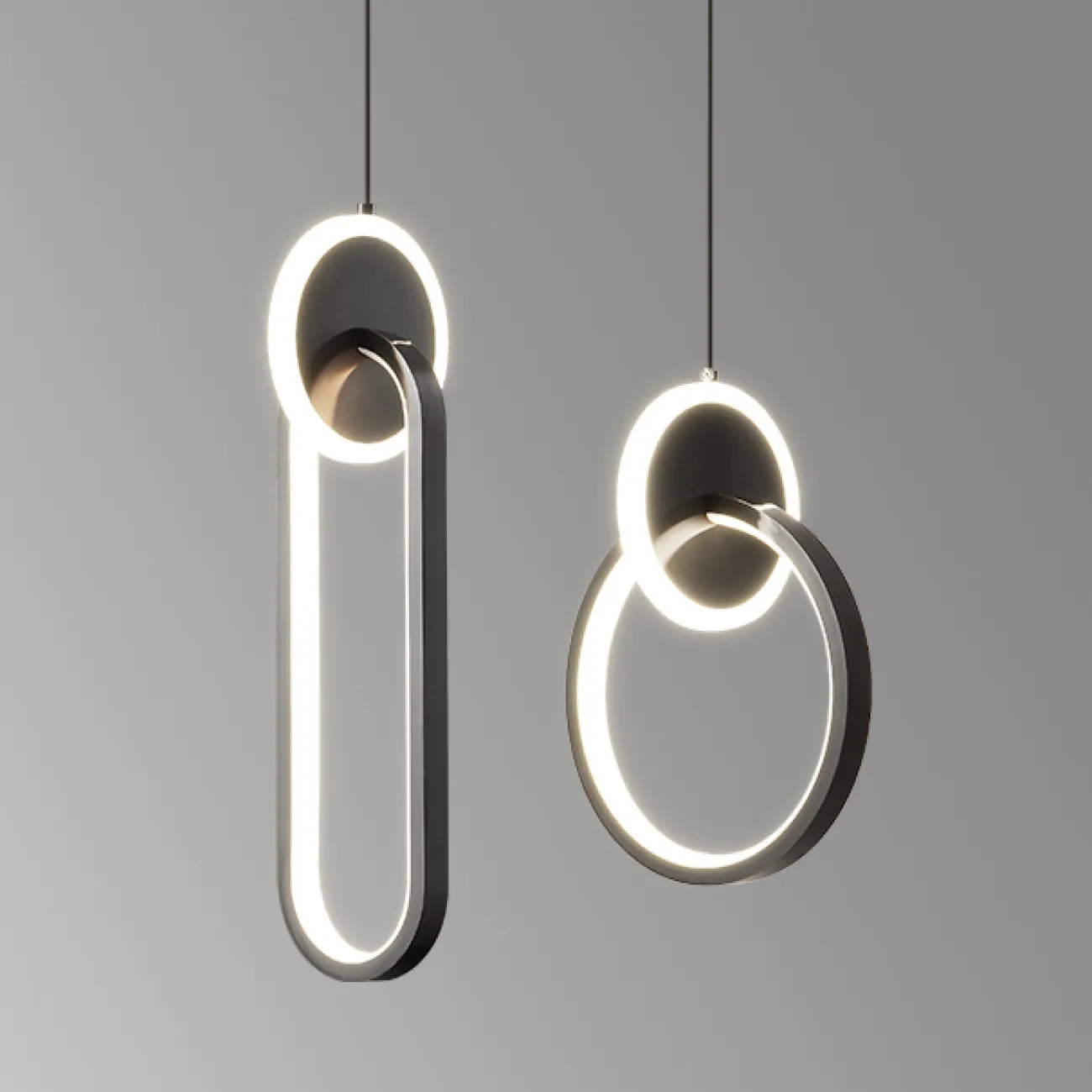 Готовая комбинация подвесных светодиодных светильников в виде композиции из светящихся колец и дисков RANDALL DUO Black Готовая комбинация подвесных светодиодных светильников в виде композиции из светящихся колец и дисков RANDALL DUO Black