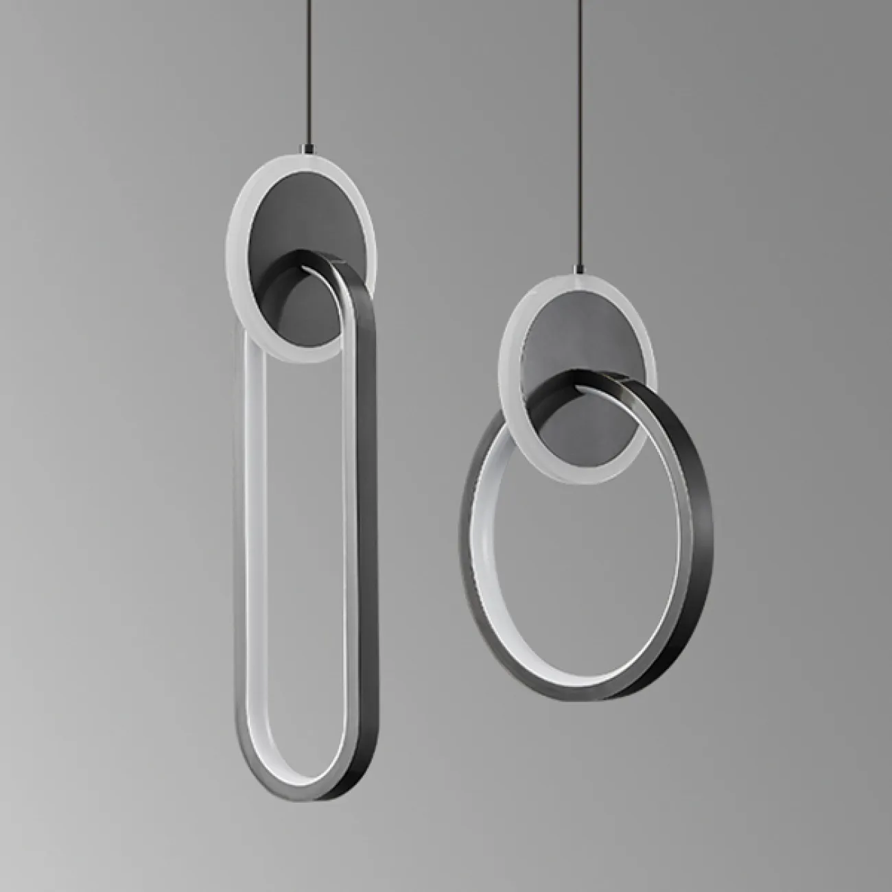 Готовая комбинация подвесных светодиодных светильников в виде композиции из светящихся колец и дисков RANDALL DUO Black Готовая комбинация подвесных светодиодных светильников в виде композиции из светящихся колец и дисков RANDALL DUO Black