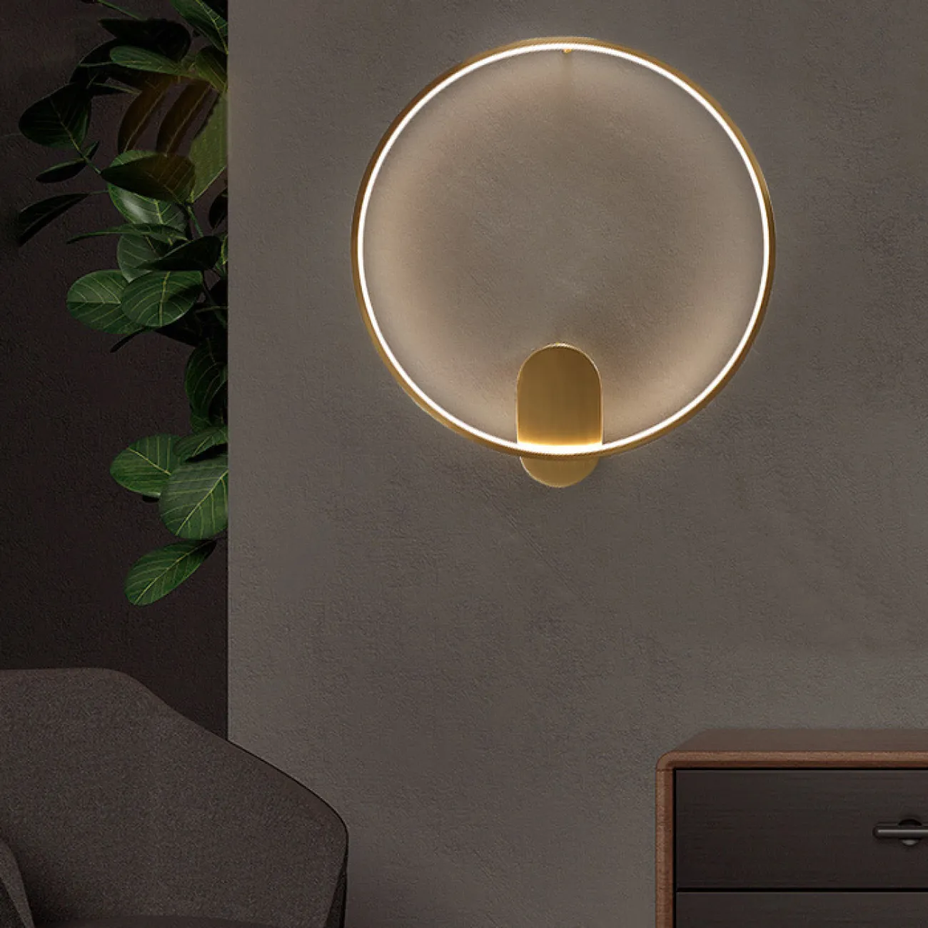 Настенный светильник с внутренней LED-подсветкой по контуру кольцевого каркаса с округлым креплением HILMA WALL D54