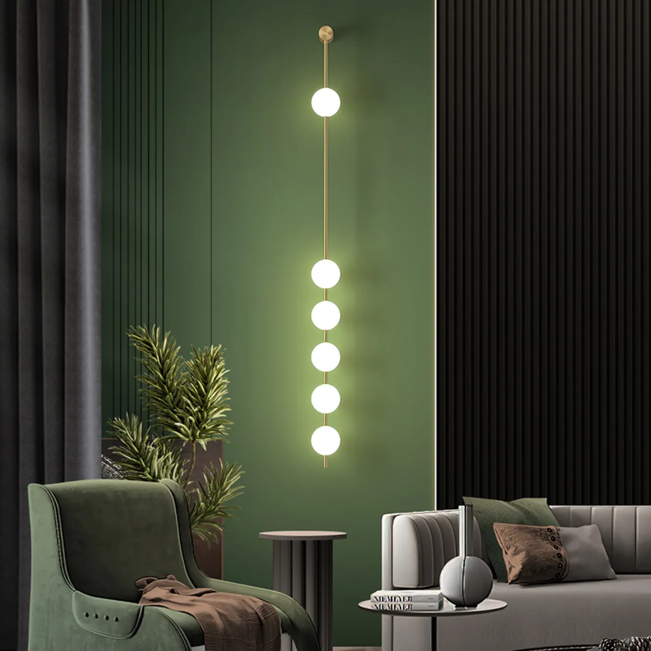 Серия настенных светильников с белыми шарообразными плафонами на вертикальной стойке из настоящей латуни ADILS WALL H103