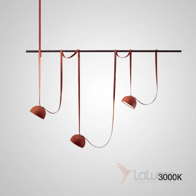 Готовая комбинация подвесных светодиодных светильников c красными абажурами на черной рейке с текстильными ремнями EBBOT 3000К Готовая комбинация подвесных светодиодных светильников c красными абажурами на черной рейке с текстильными ремнями EBBOT 3000К