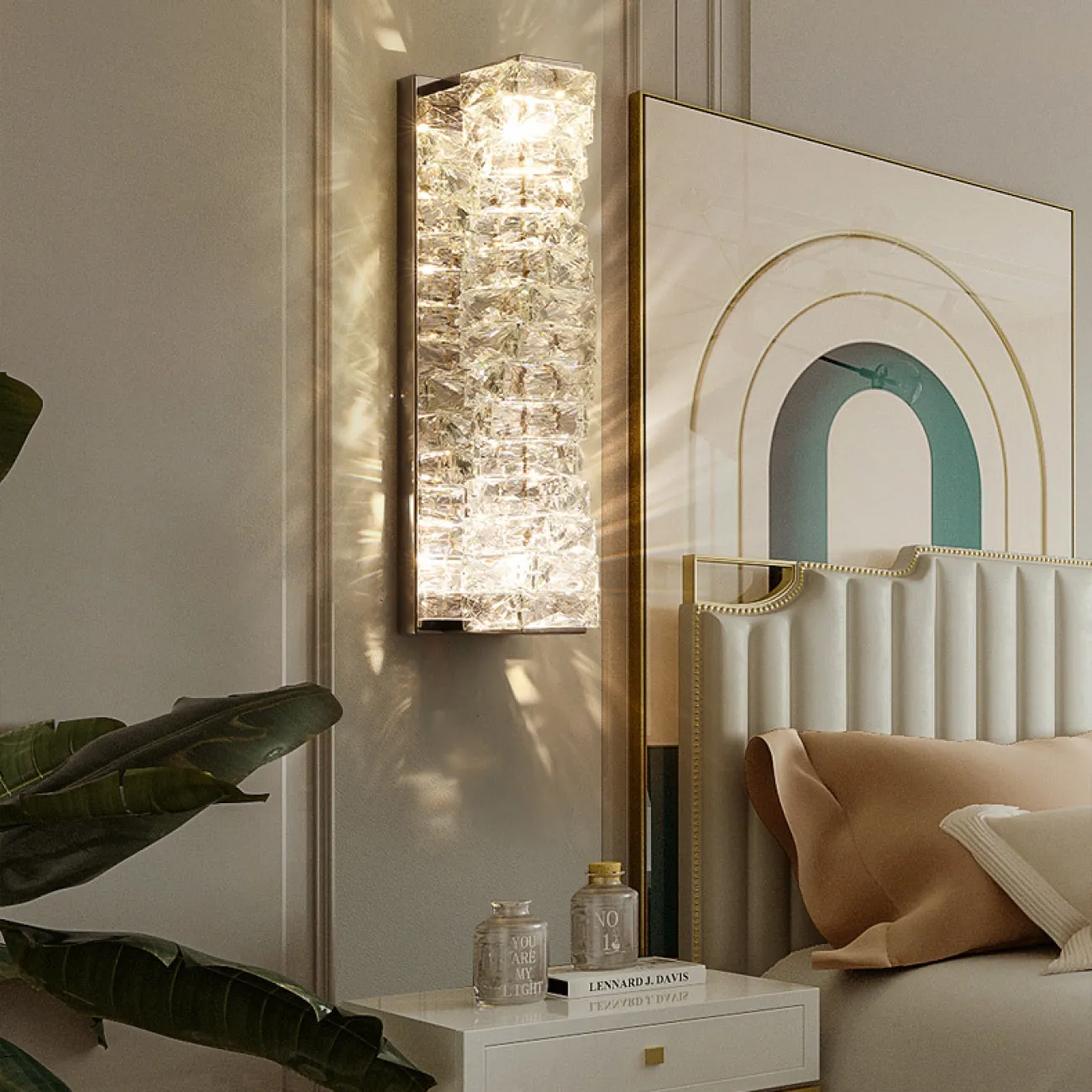 Настенный светодиодный светильник с прямоугольным плафоном из составных хрустальных слитков на хромированном основании CARE WALL H45 Gold