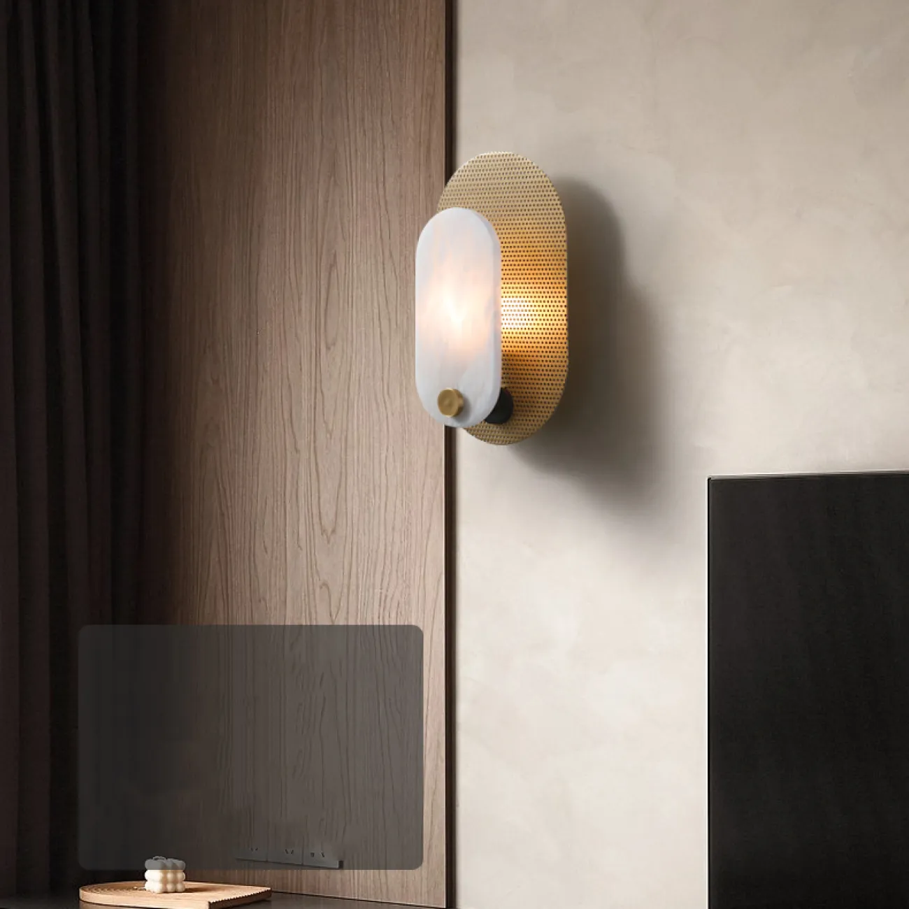 Серия настенных светильников с основанием из перфорированной пластины и рассеивателем из натурального камня CONRAD B WALL L25