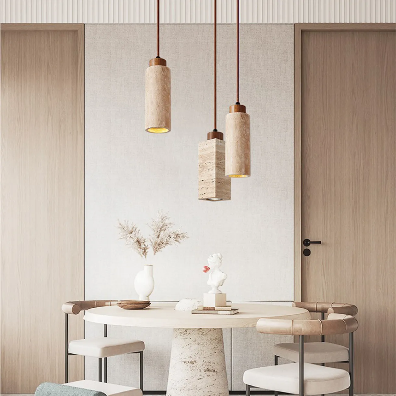 Готовая комбинация подвесных светильников с цилиндрическим и прямоугольным корпусом из камня травертина MAREC COMBO B L60