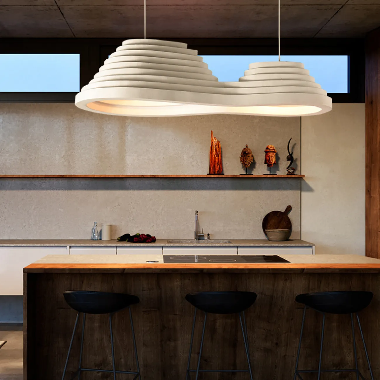 Готовая комбинация подвесных светильников в виде композиции двух слитых абажуров округлой формы с пирамидальным рельефом BAROLINE DUO L180