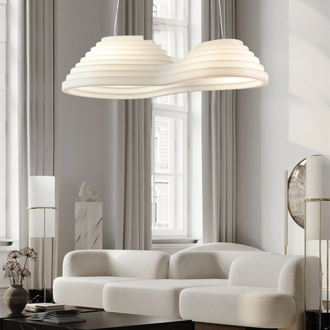 Готовая комбинация подвесных светильников в виде композиции двух слитых абажуров округлой формы с пирамидальным рельефом BAROLINE DUO L180