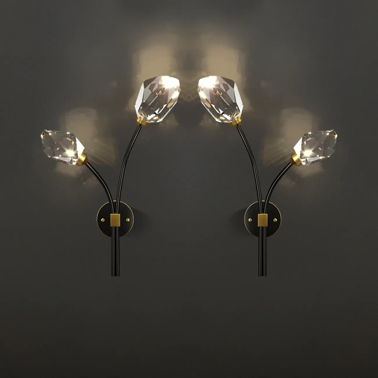 Серия настенных светодиодных светильников с хрустальными рассеивателями в форме кристаллов на изогнутых рожках CRISTEL C WALL L38 Left Black Серия настенных светодиодных светильников с хрустальными рассеивателями в форме кристаллов на изогнутых рожках CRISTEL C WALL L38 Left Black