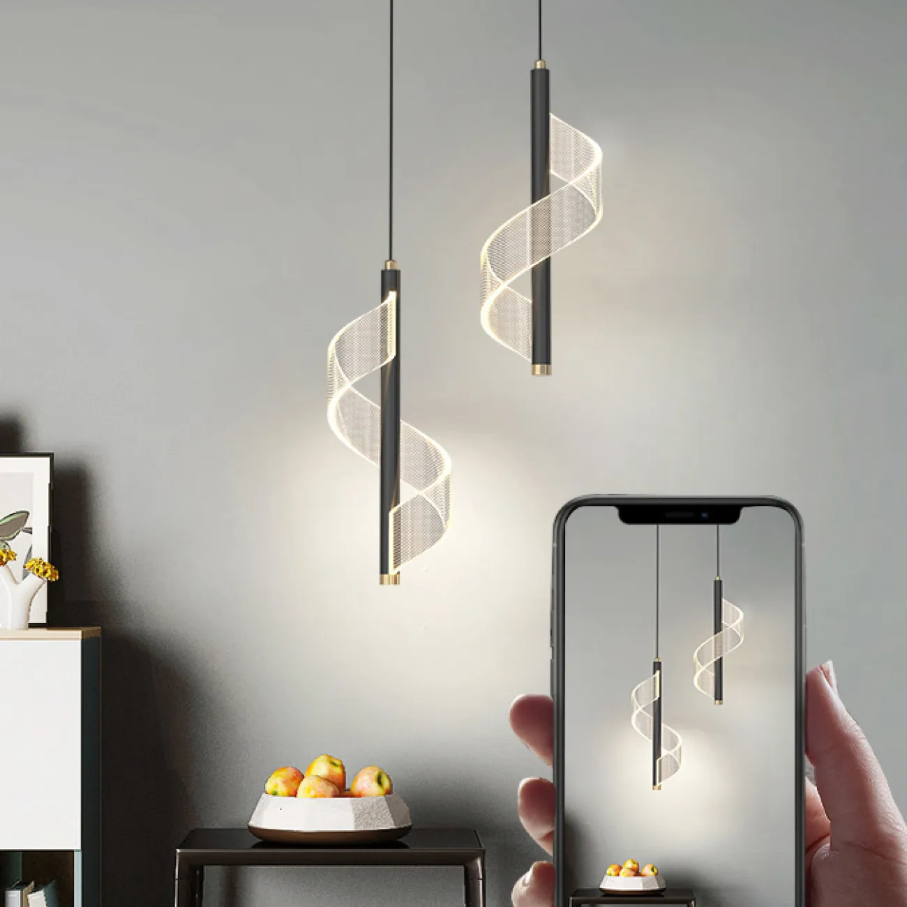 Готовая комбинация подвесных светодиодных светильников с двумя завитыми лентовидными плафонами с точечным паттерном ORNELLA DUO Black