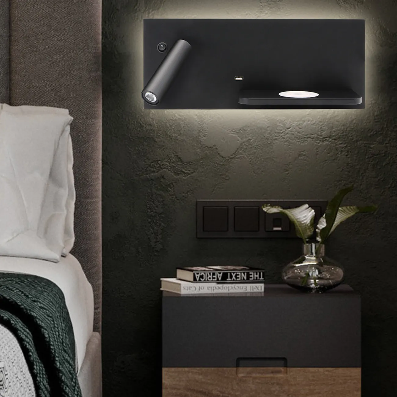 Настенный светодиодный светильник с цилиндрическим плафоном на прямоугольном основании с контурной подсветкой GENIUS Right Black