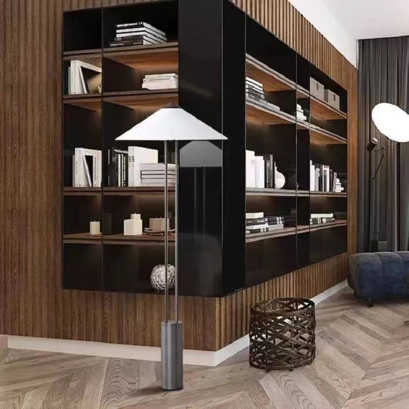 Серия дизайнерских торшеров с текстильным абажуром конической формы на двойной стойке с цилиндрическим основанием PERU Black Серия дизайнерских торшеров с текстильным абажуром конической формы на двойной стойке с цилиндрическим основанием PERU Black