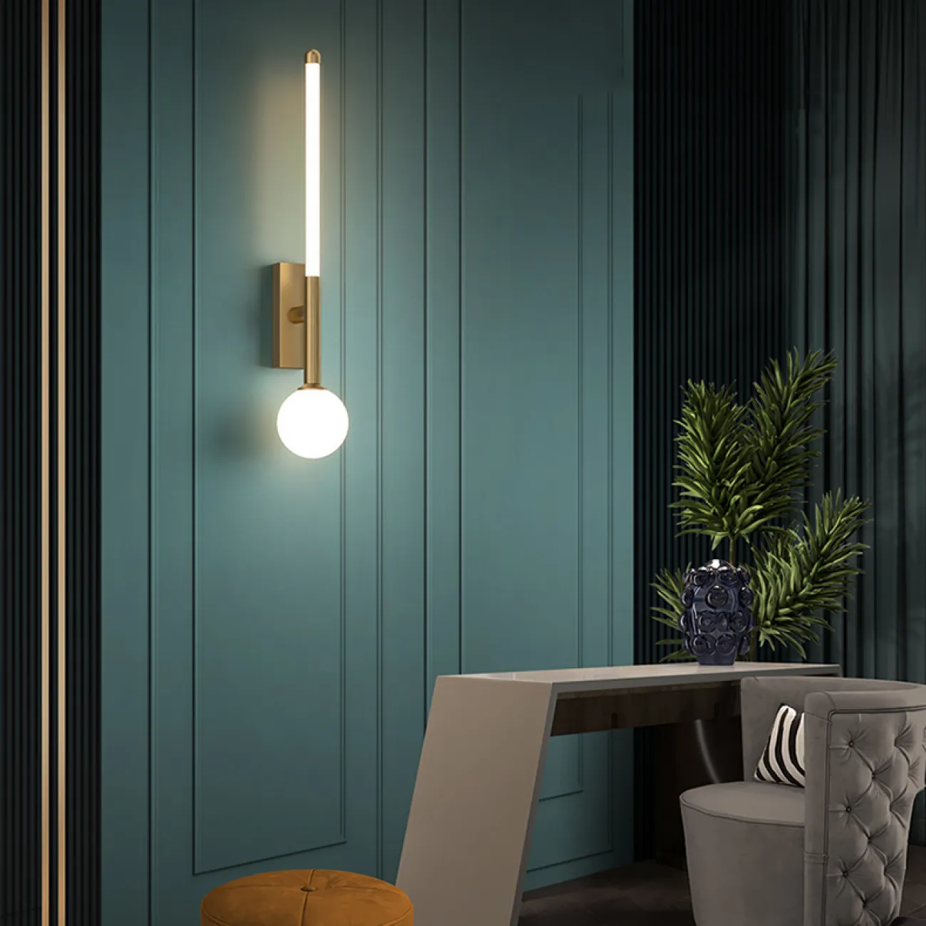 Настенный светодиодный светильник с цилиндрическим и шарообразным плафоном на одном вертикальном кронштейне HELGA