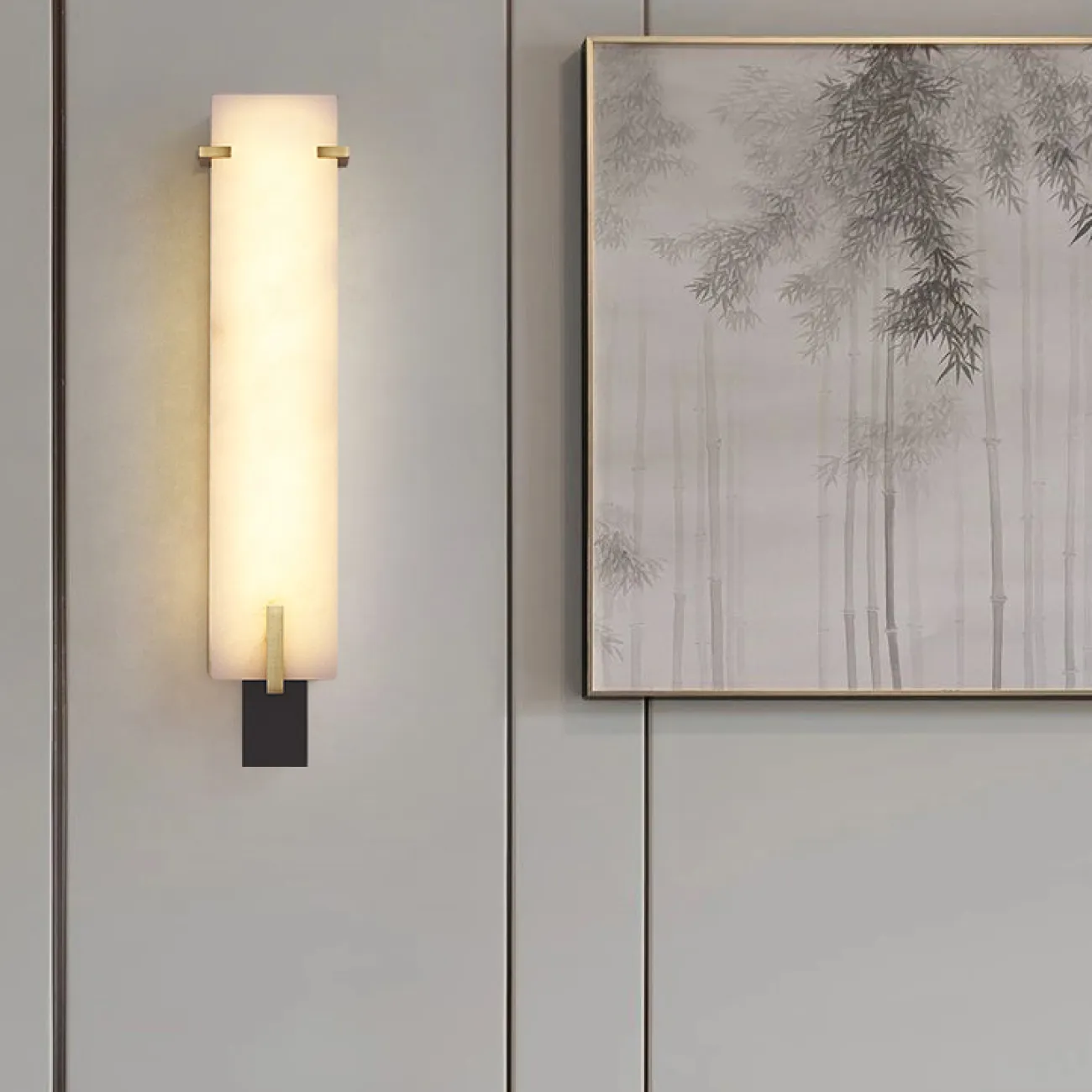 Серия настенных светодиодных светильников с прямоугольным плафоном из цельной мраморной пластины и горным орнаментом SHARI B