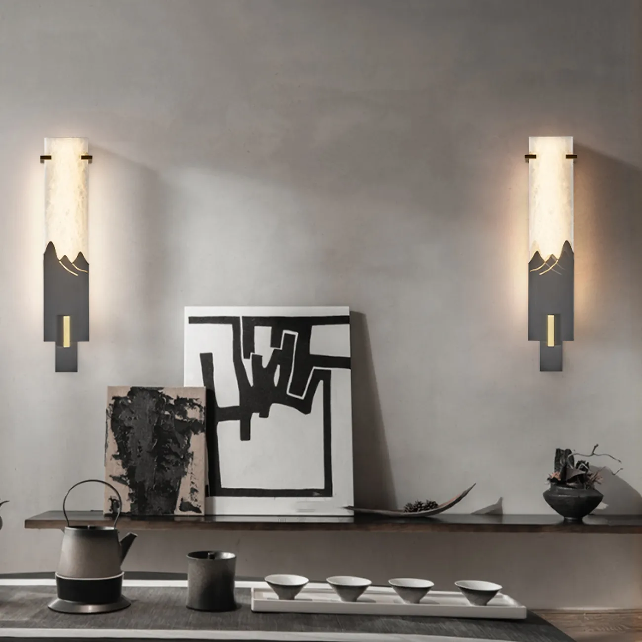 Серия настенных светодиодных светильников с прямоугольным плафоном из цельной мраморной пластины и горным орнаментом SHARI B