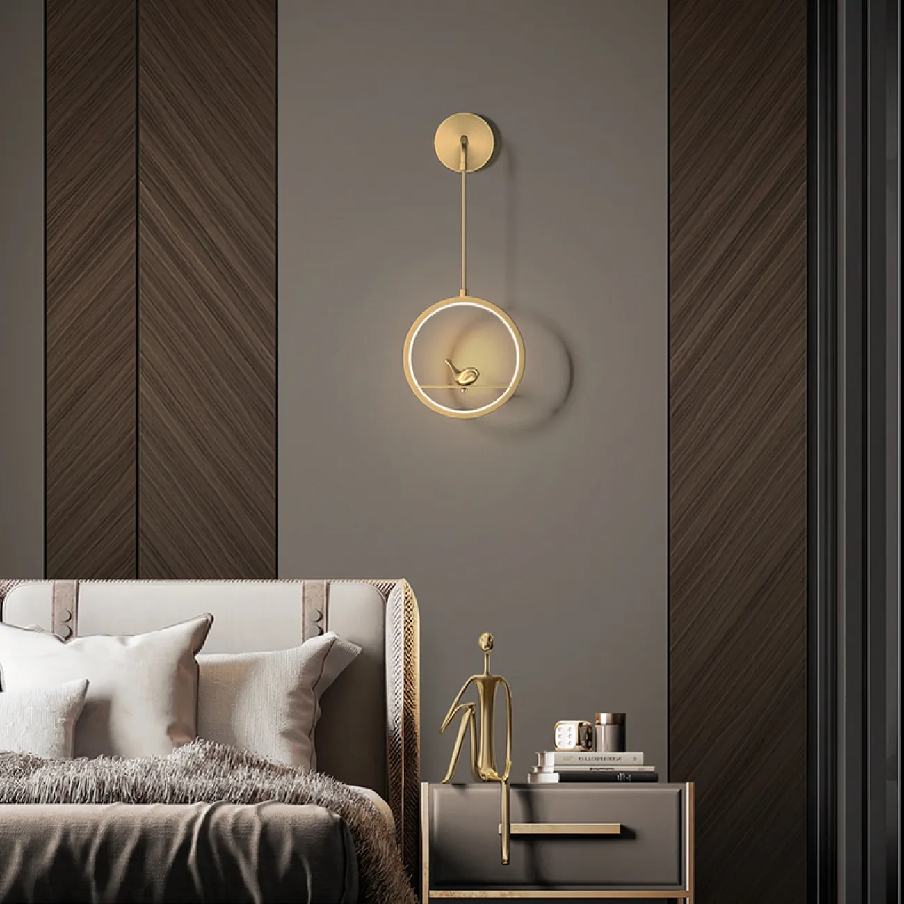 Серия настенных светильников с декоративной птицей на кольцевом каркасе с внутренней LED-подсветкой KOLIBRI WALL D30