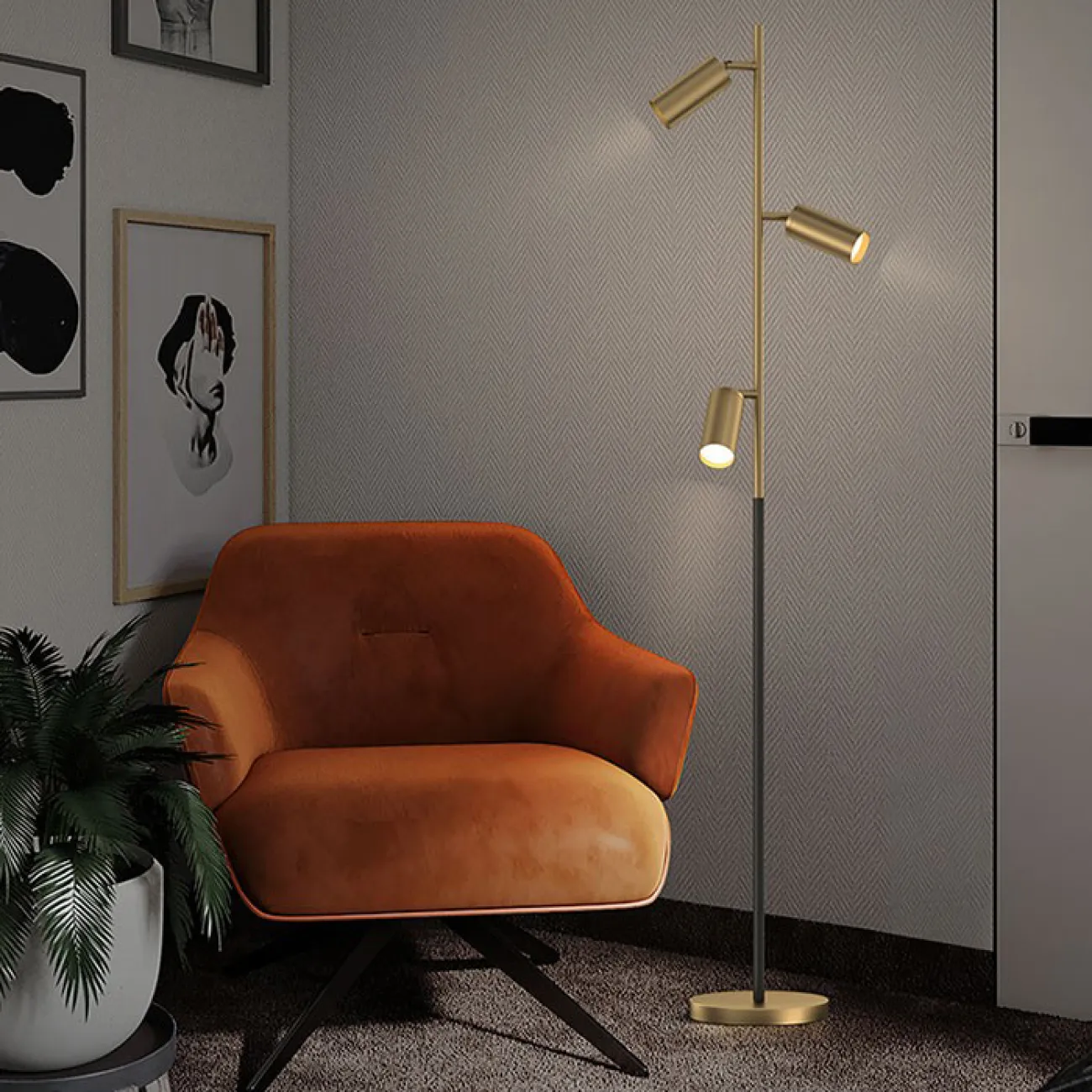 Серия светодиодных торшеров с цилиндрическими поворотными плафонами латунного оттенка на черной вертикальной стойке NEAT L3