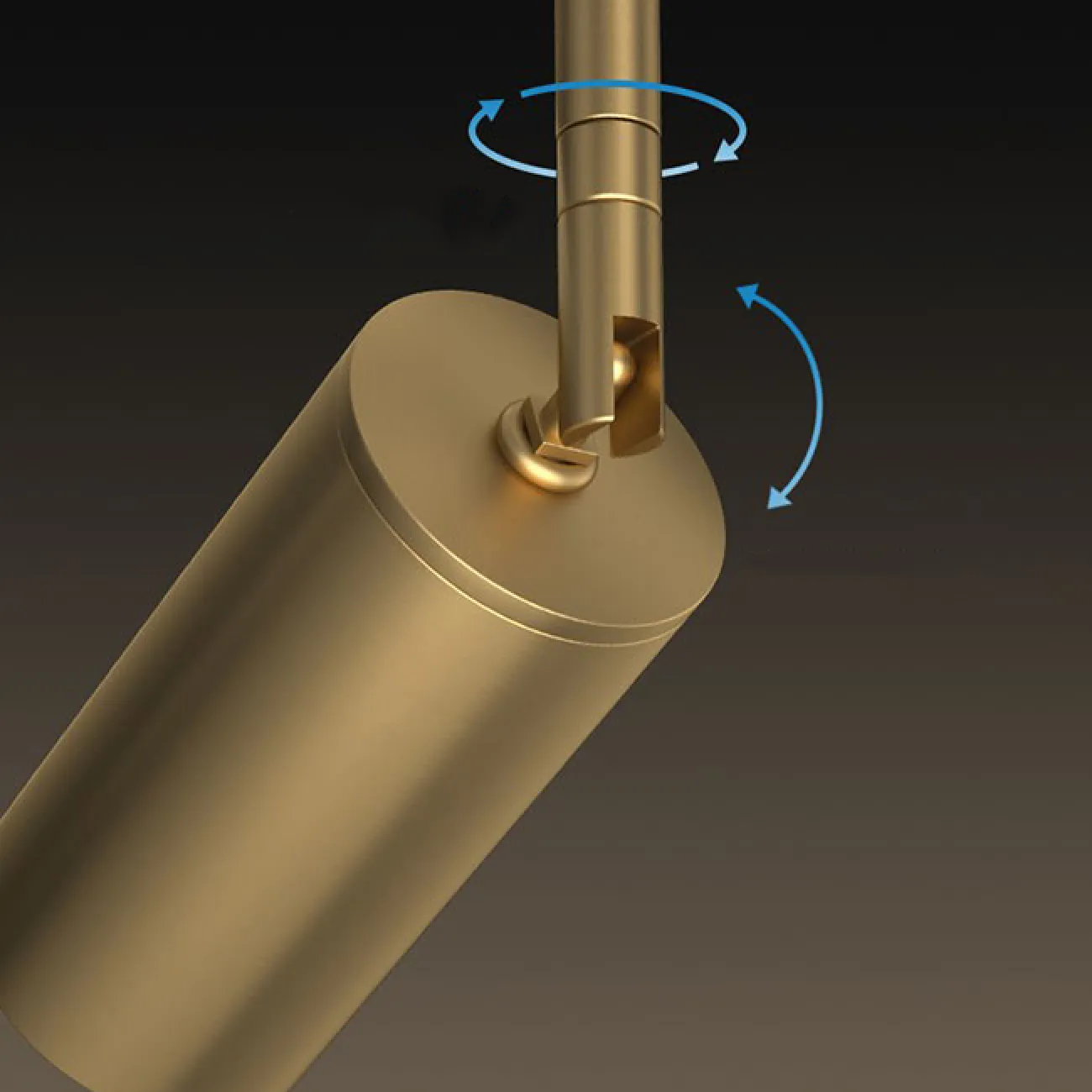 Серия светодиодных торшеров с цилиндрическими поворотными плафонами латунного оттенка на черной вертикальной стойке NEAT L3