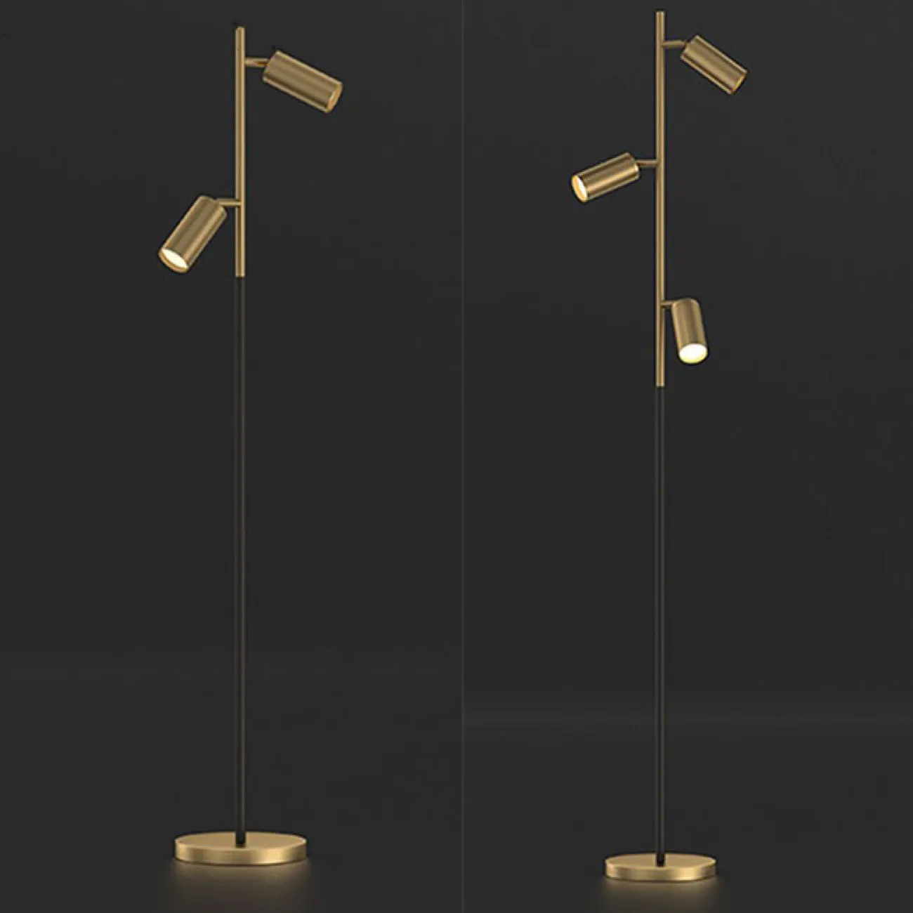 Серия светодиодных торшеров с цилиндрическими поворотными плафонами латунного оттенка на черной вертикальной стойке NEAT L3