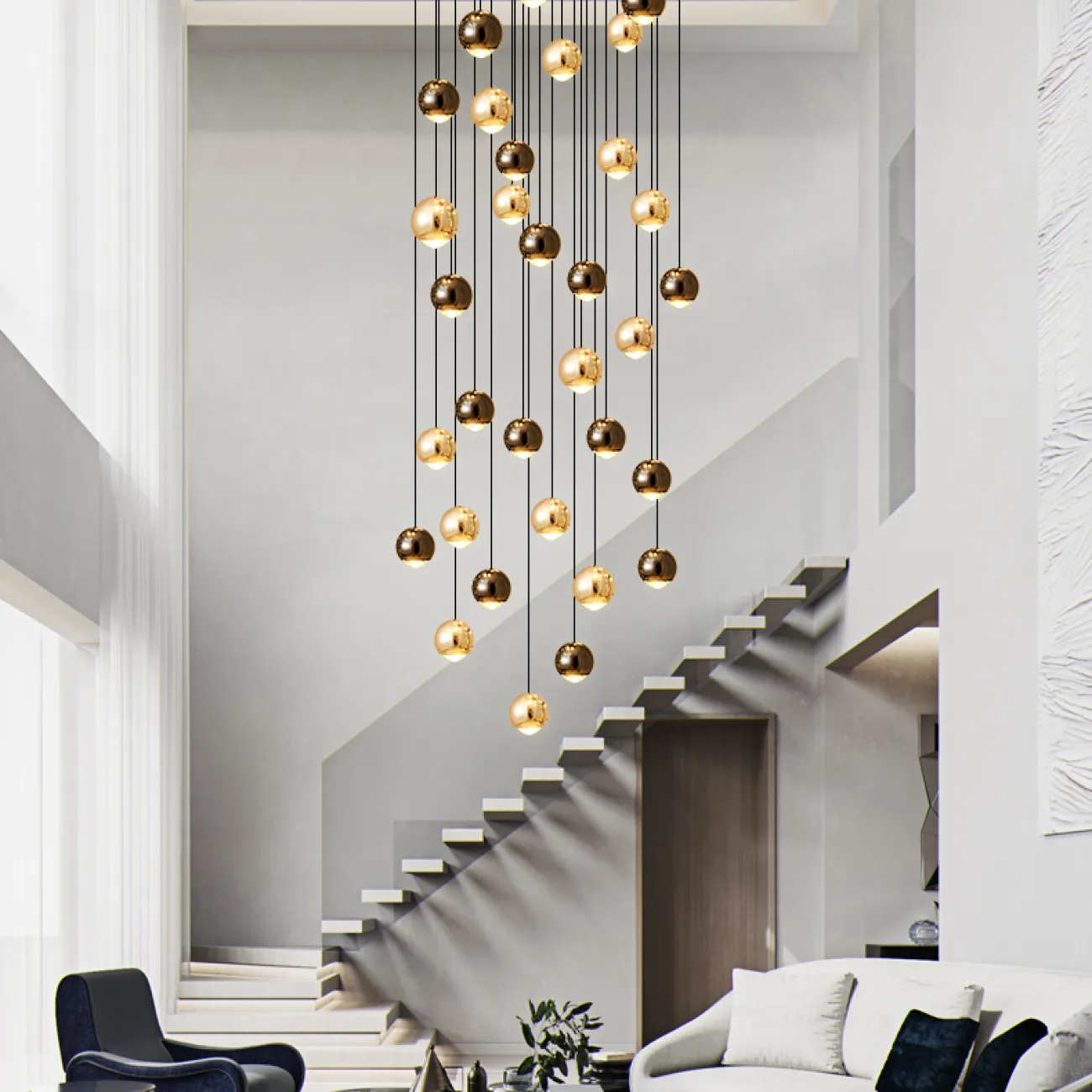 Готовая комбинация подвесных светильников с шарообразными плафонами в цвете латуни и черного жемчуга с линзами из оптического стекла KARA D40