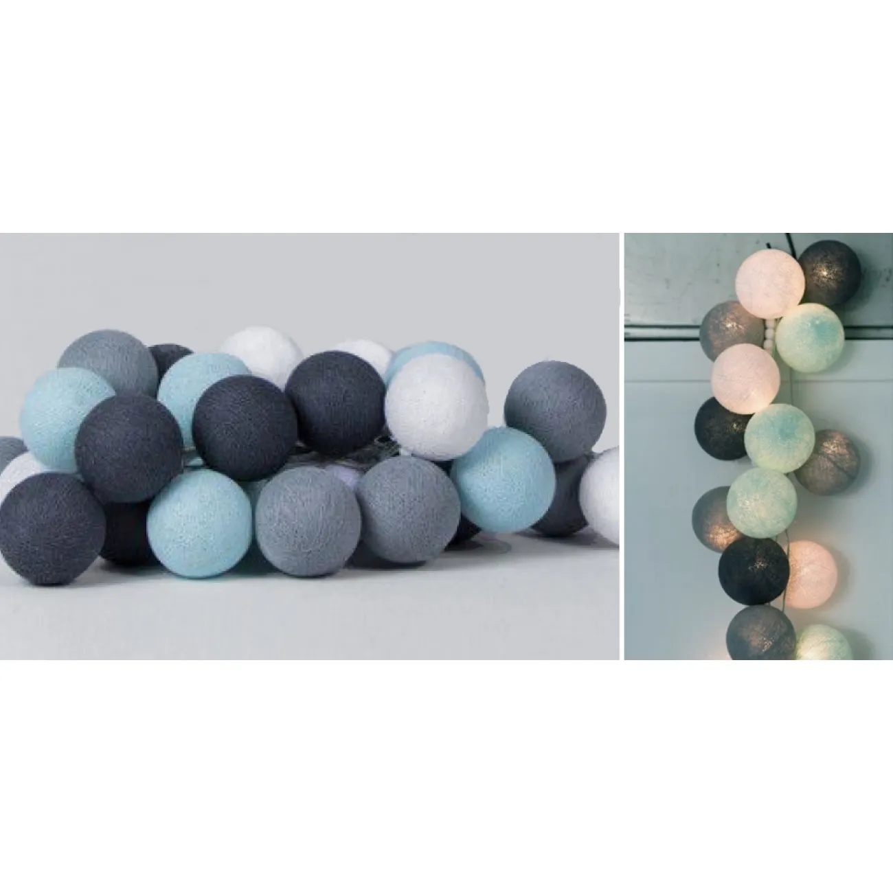 Гирлянда хлопковые фонарики Сotton Ball Aqua-Grey