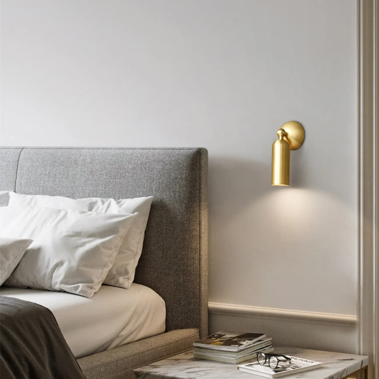 Серия настенных светодиодных светильников с цилиндрическим спотом из латуни на шарнире с круглым креплением LEFFE B WALL Brass