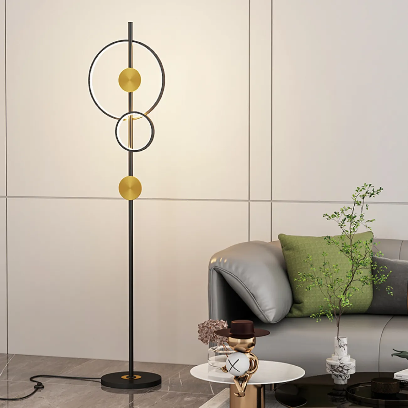 Светодиодный торшер с черными светящимися кольцами разного диаметра и дисками латунного оттенка HALGERD 4000К