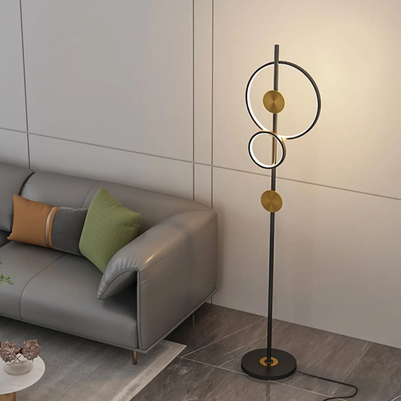 Светодиодный торшер с черными светящимися кольцами разного диаметра и дисками латунного оттенка HALGERD 4000К