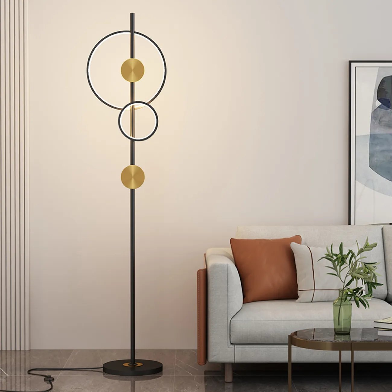 Светодиодный торшер с черными светящимися кольцами разного диаметра и дисками латунного оттенка HALGERD 4000К