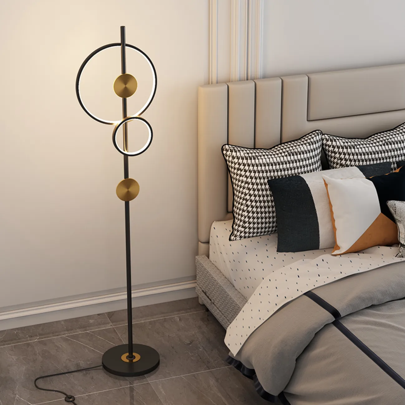 Светодиодный торшер с черными светящимися кольцами разного диаметра и дисками латунного оттенка HALGERD 4000К