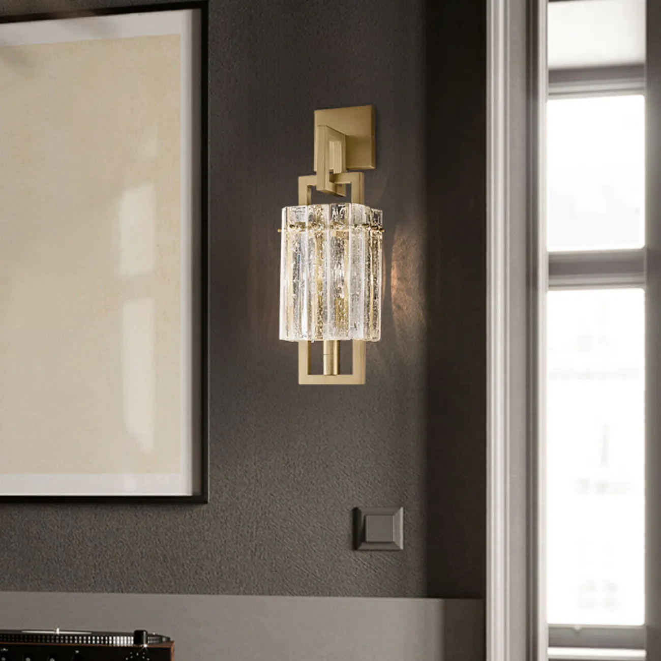 Бра с прямоугольным плафоном из хрустальных пластин с эффектом льда на кронштейне из металлических рамок BENNA WALL