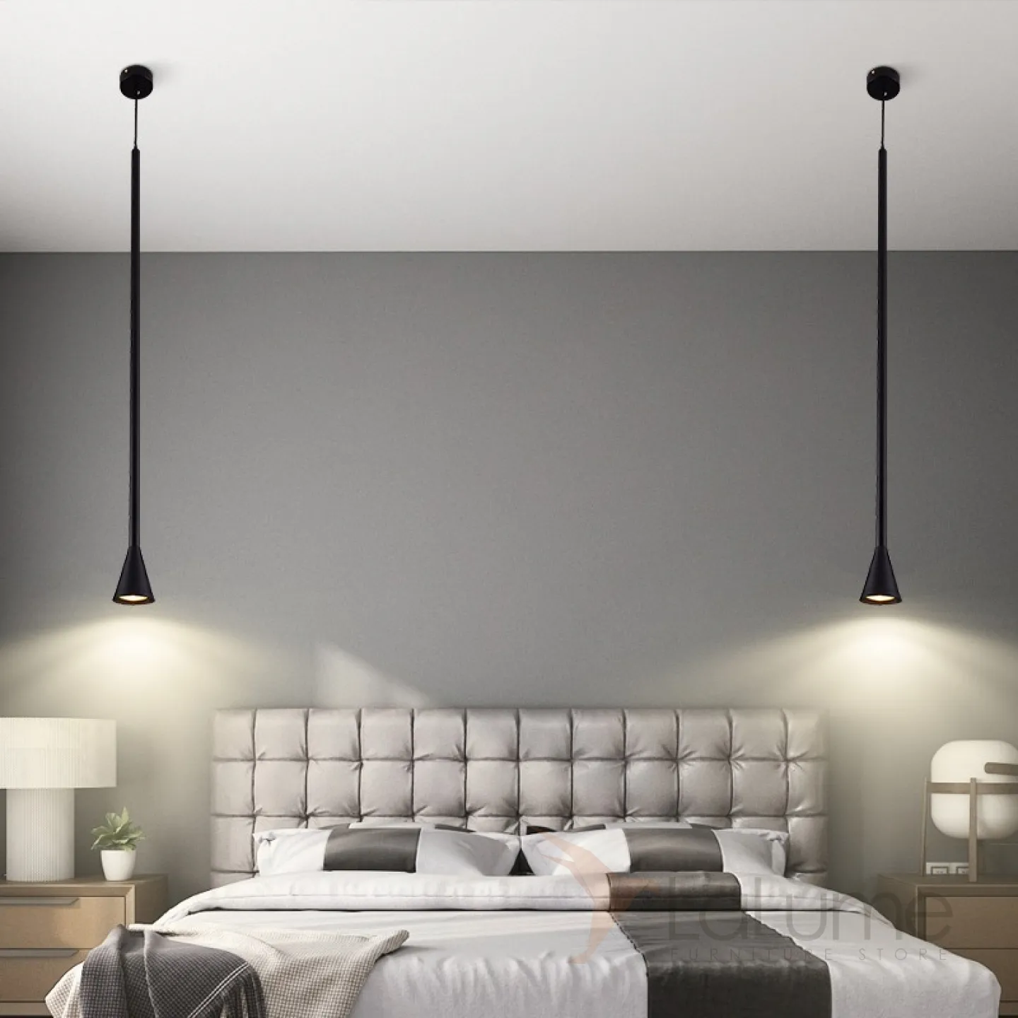 светильники над тумбочками в спальне свисающие с потолка