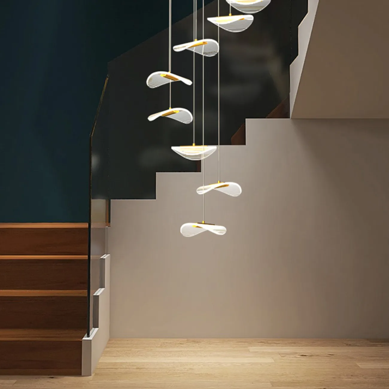 Готовая комбинация подвесных светильников с листовидными прозрачными плафонами с гравировкой DELFINA D80 3000К