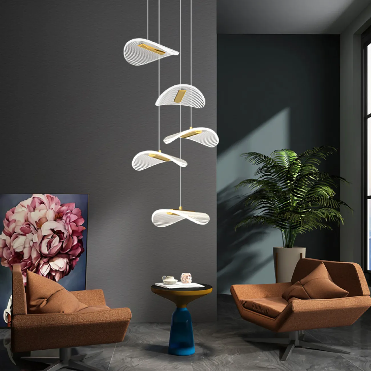 Готовая комбинация подвесных светильников с листовидными прозрачными плафонами с гравировкой DELFINA D80 3000К