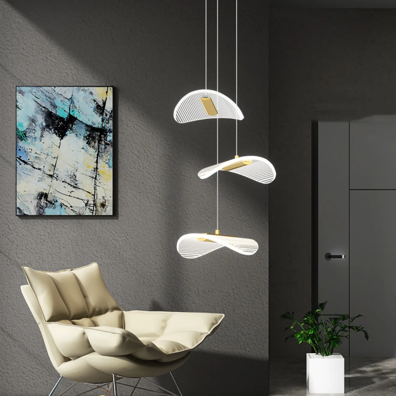 Готовая комбинация подвесных светильников с листовидными прозрачными плафонами с гравировкой DELFINA D80 3000К