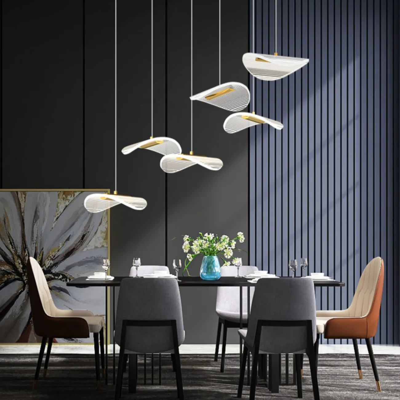 Готовая комбинация подвесных светильников с листовидными прозрачными плафонами с гравировкой DELFINA D80 3000К