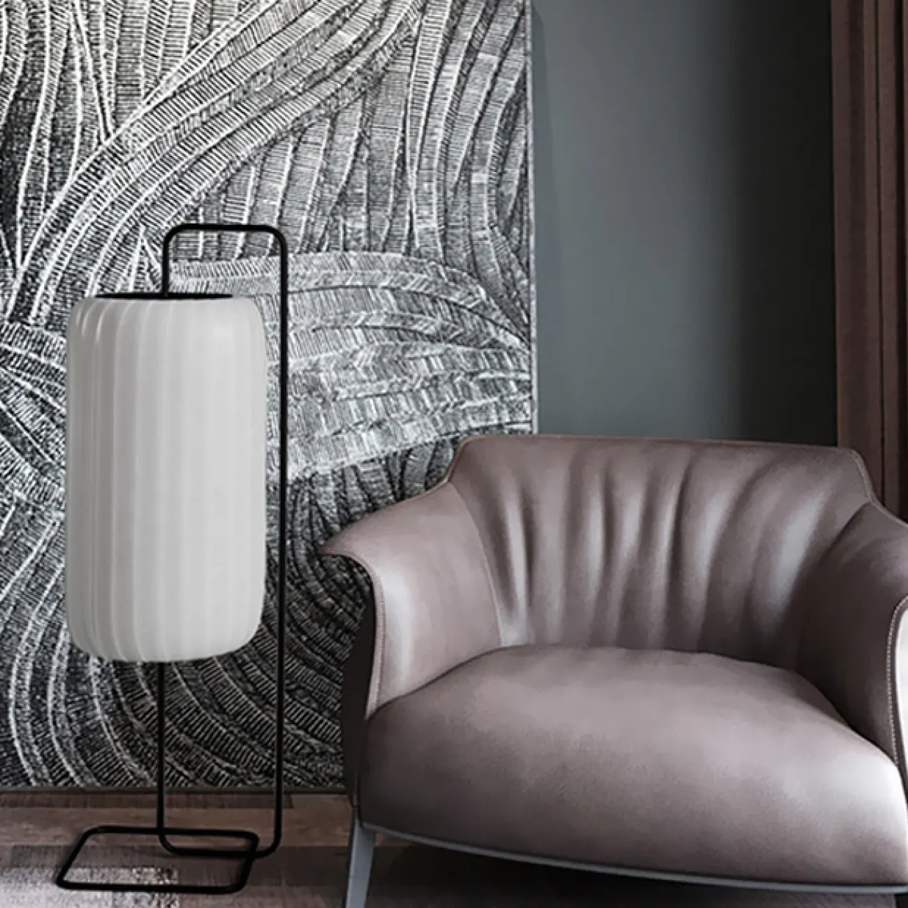 Серия напольных ламп с рельефными цилиндрическими абажурами из белого текстиля в японском стиле SAKARI FL H143